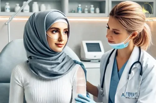 پزشک و بیمار در حال مرور نکات مراقبتی پس از تزریق فیلر خط خنده